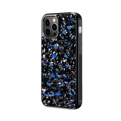 an iphone case with blue and black speckles