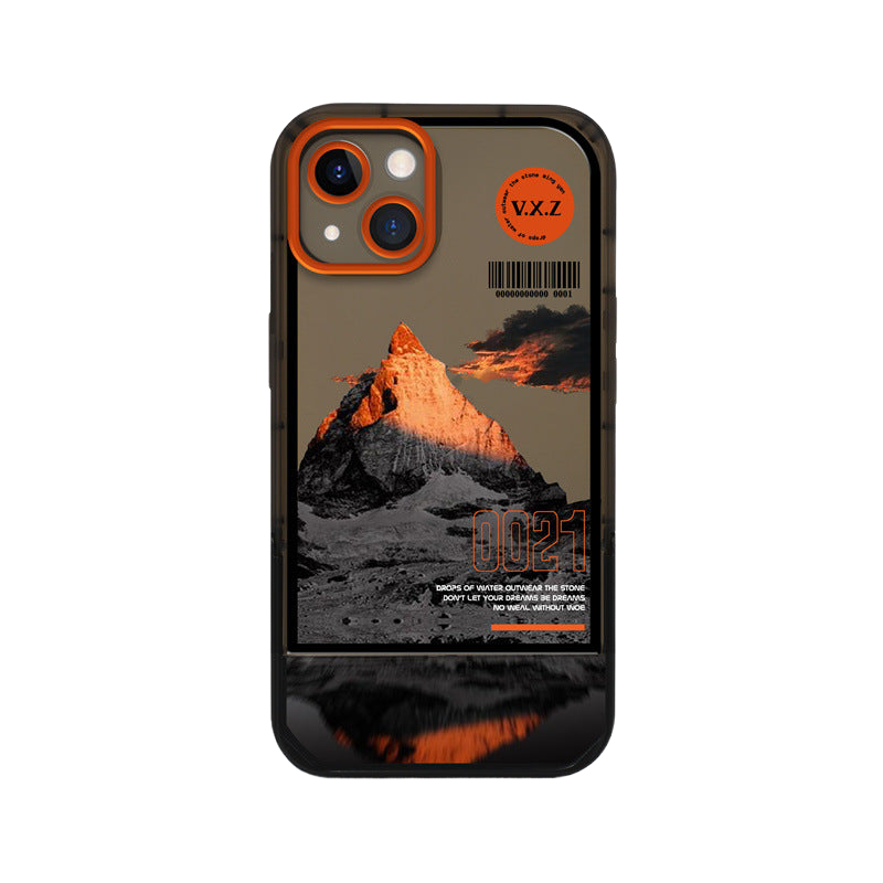 a phone case with a mountain in the background